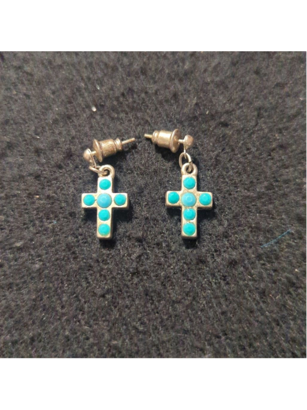 Silver Tone Turquoise Blue Colored Crystal Cross Crucifix Statement Earrings